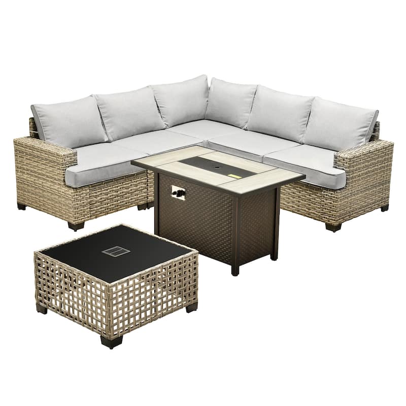 XIZZI 7 Pieces Patio Furniture Wicker Sectional Sofa Set with Fire Pit Table