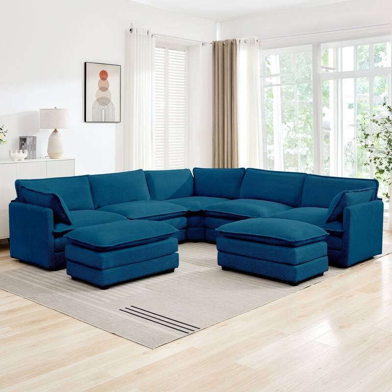 7-Seater Corduroy Sectional Sofa with 2 Removable Ottomans & Corner Seat, Soft & Comfortable - 5 Seats with 2 Ottoman - Opal Blue