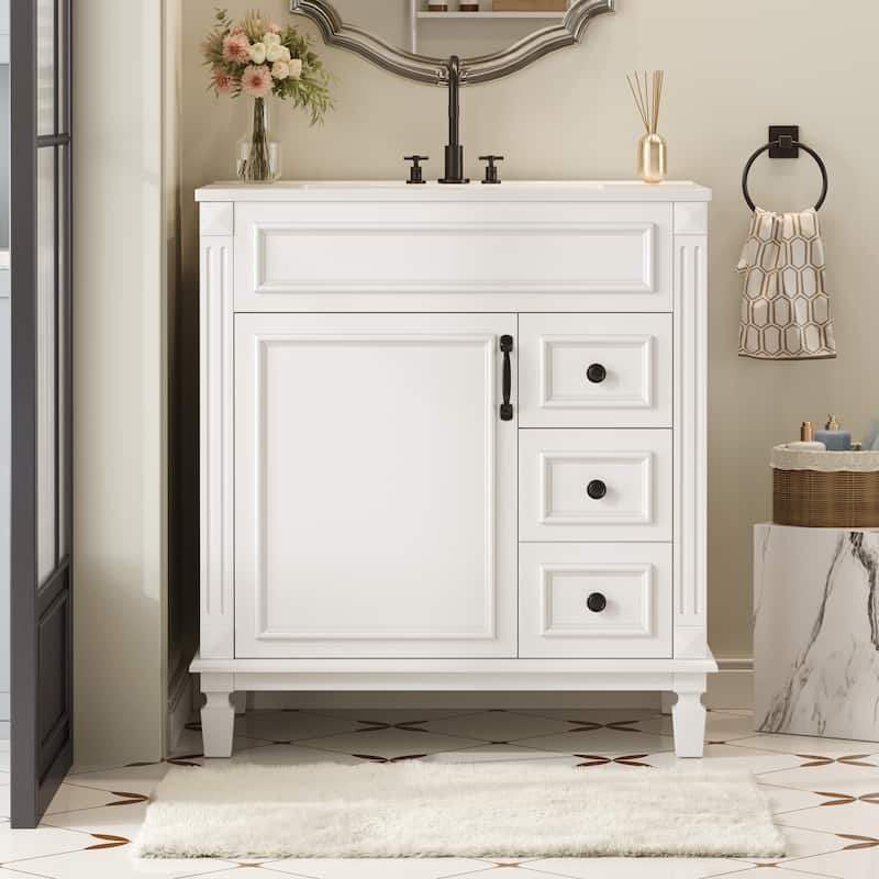 Anmytek 30 Inch Small Bathroom Vanity Cabinet with Ceramic Sink 2 Drawers Adjustable Shelf - Painted - White