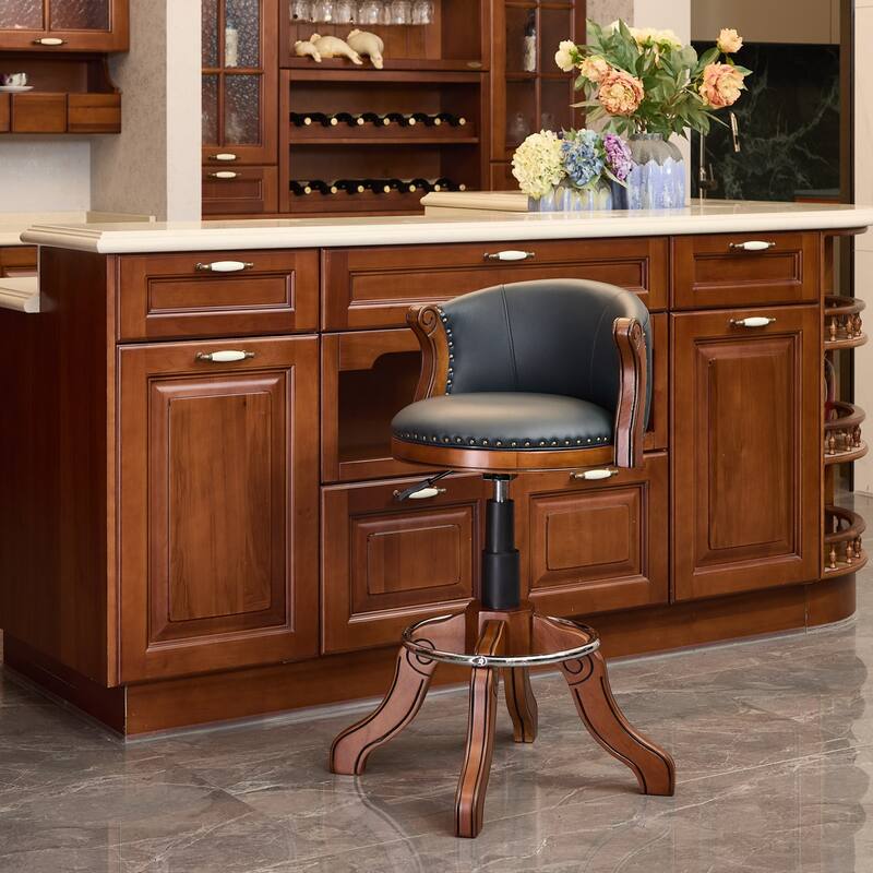 Counter height Cow top Leather Wooden Bar Stools, 360 Degree Swivel Adjustable Height Bar Chair(1pc) - Blue