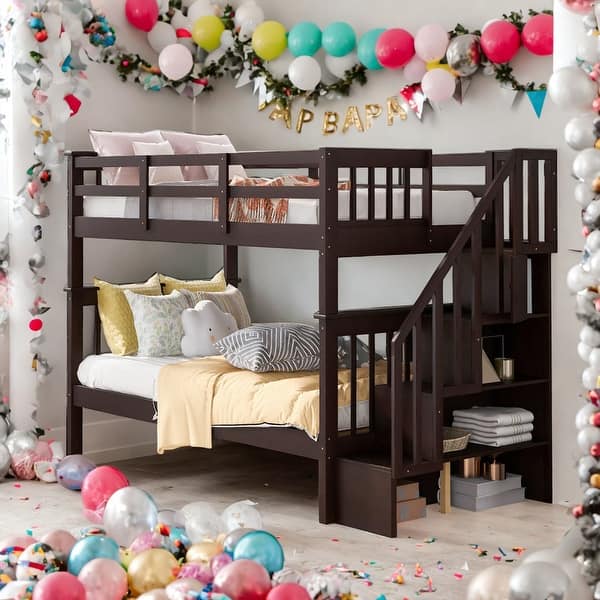 slide 2 of 13, Modrem Twin Over Twin Bunk Bed With Storage and Guard Rail For Bedroom,Kids Espresso
