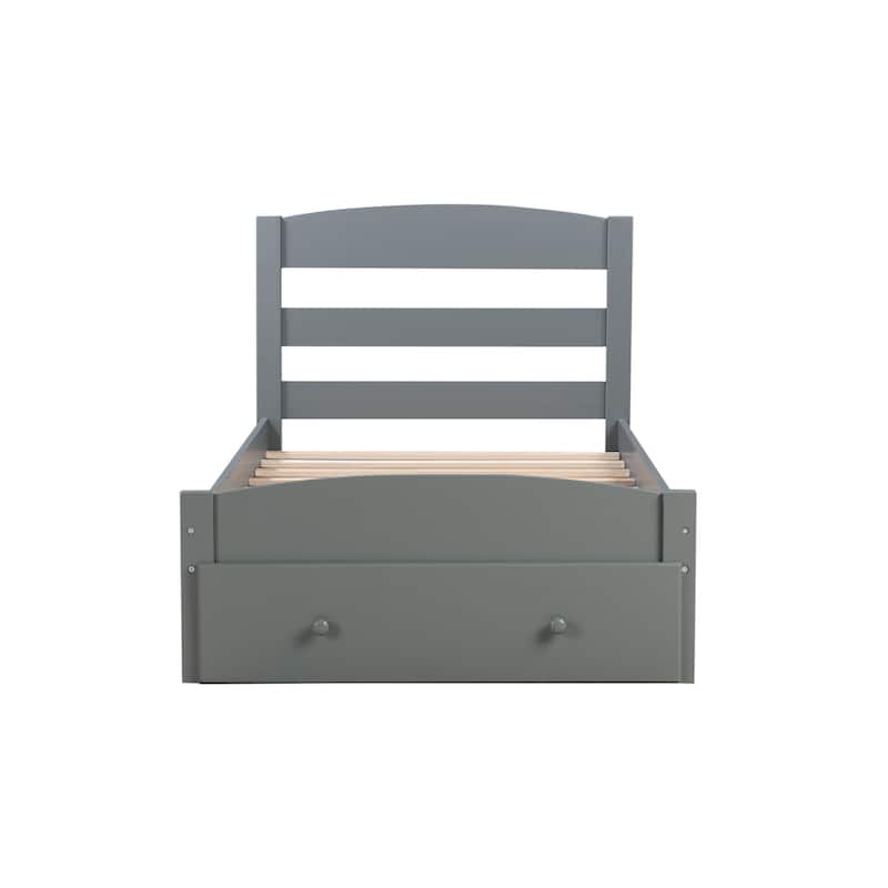 Twin Size Platform Bed Solid Pinewood Slat Bed Frame with Storage Drawer, Headboard and Wood Slat Support for Bedroom