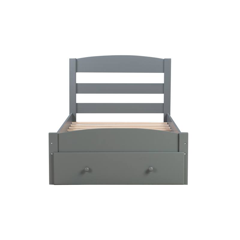 Twin Size Platform Bed with Storage Drawer and Slat Support - Classic Wood Frame