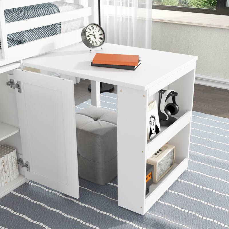 Wooden Low Loft Bed Frame, Versatile Storage Loft Bed with Shelves, Cabinet and Drawers, Rubber Wood Loftbed with Pull Out Desk