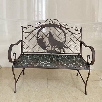 Classic Outdoor Bench with Howling Wolf & Moon Silhouette "Gunnison" - 43.7" L x 20.47" W x 40.94" H