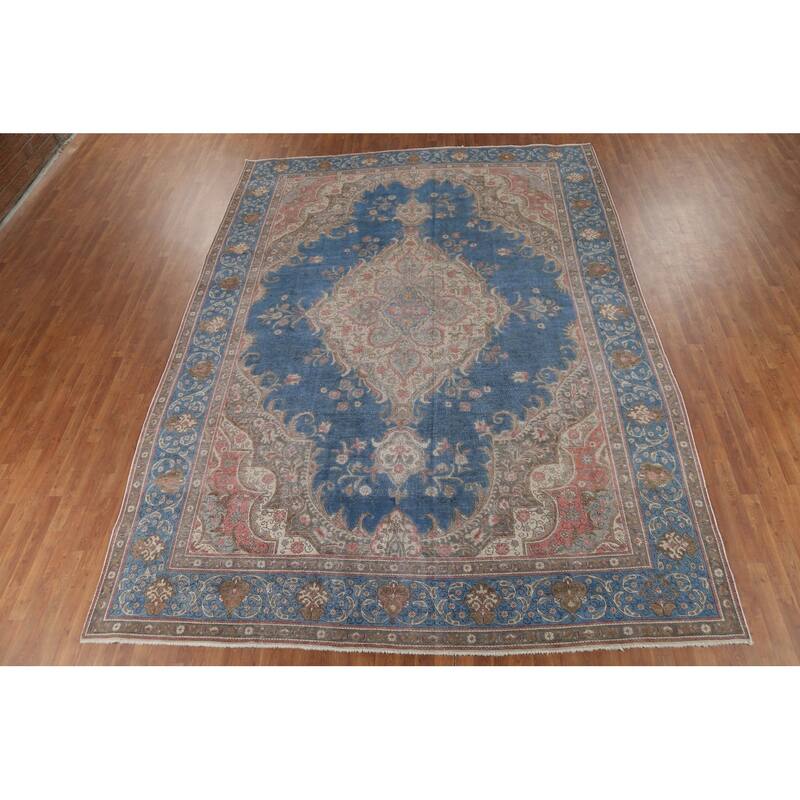 Distressed Tabriz Persian Vintage Rug Hand-Knotted Blue Wool Carpet - 10'0"x 13'4"