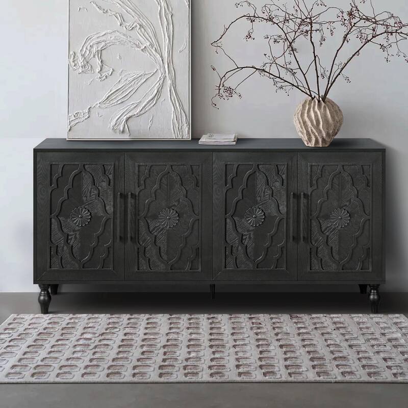 Large Storage Cabinet with Carved Flower Doors and Metal Handles