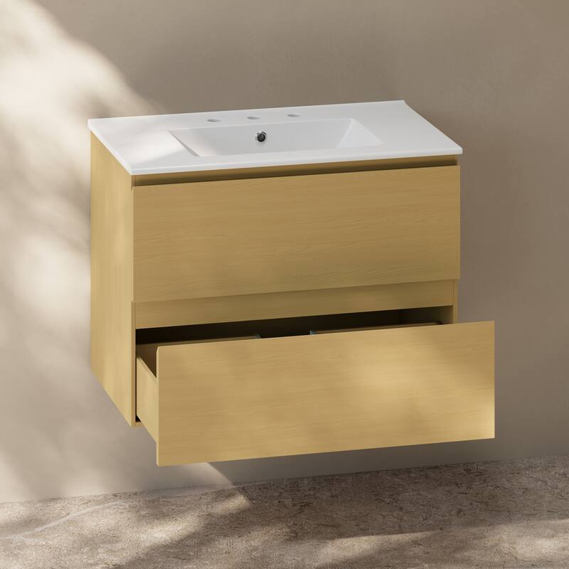 Liberte 30" Wall-Mounted Bathroom Vanity In Natural Oak With 3-Hole Widespread Sink Top - 30