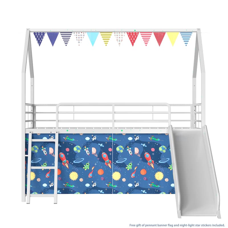 Kids' Twin Loft Bed with Slide, Curtain Set, Pennant Banner, and Star Stickers