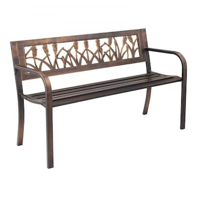 50 Inch Antique Bronze Outdoor Patio Bench with Steel Frame and Floral PVC Backrest for 2-3 People - 50” x 20.5” x 30.3”