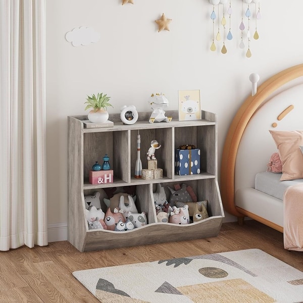 slide 2 of 17, Kids 2-Tier Toy Storage Organizer Bookshelf,5 Compartment Bookshelf