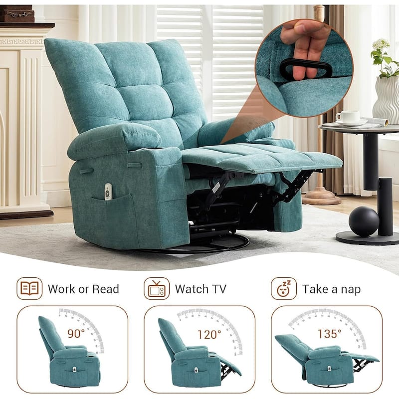 Swivel Rocker Recliner Chair, with Massage and Heat and Side Pocket