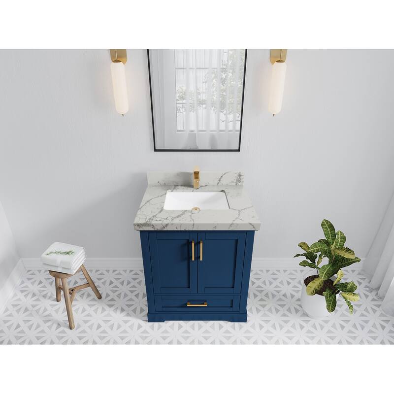 Willow Collection 30 in W x 22 in D x 36 in H Reeded Boston Single Bowl Sink Bathroom Vanity with Quartz or Marble Countertop - 2"Venatino Quartz - Navy Blue
