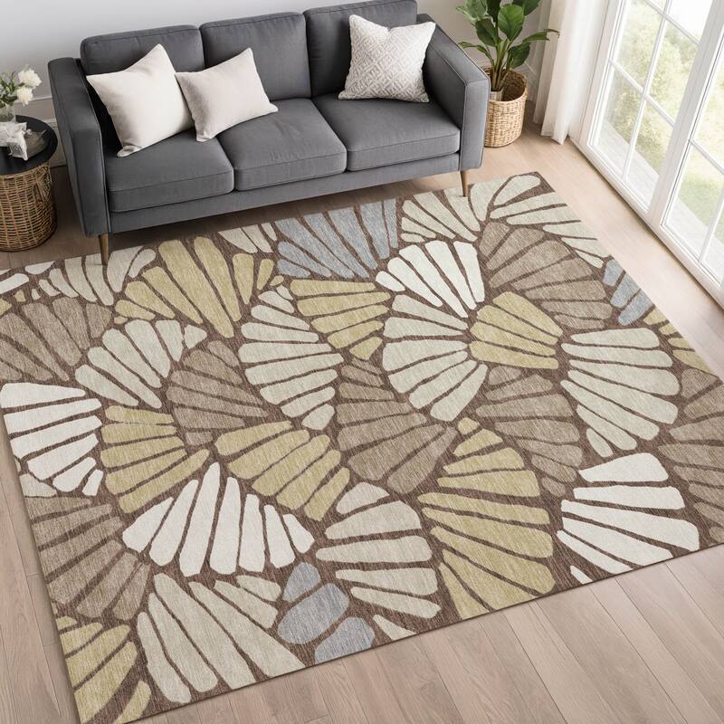 Machine Washable Indoor/ Outdoor Floral Modern Chantille Rug