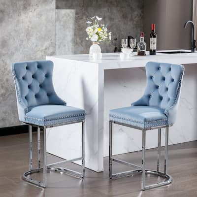 Set of 2 Modern Velvet Barstools with Chromed Metal Base Legs
