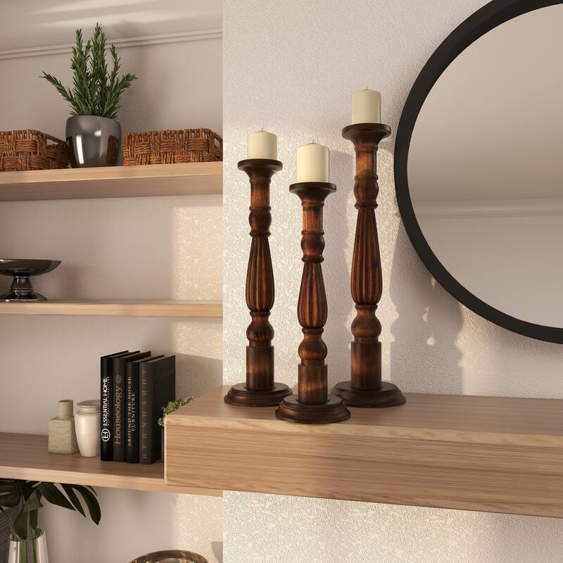 Brown Mango Wood Tall Turned Decorative Candle Holder (Set of 3)