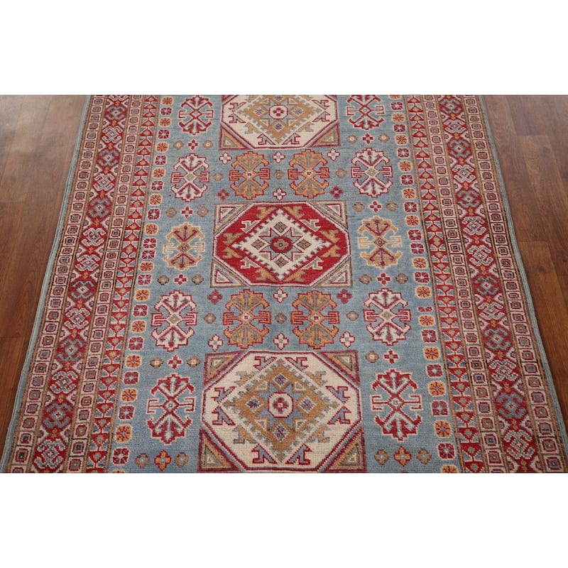 Light Blue Geometric Kazak Oriental Rug Bedroom Handmade Wool Carpet - 3'11" x 5'10"