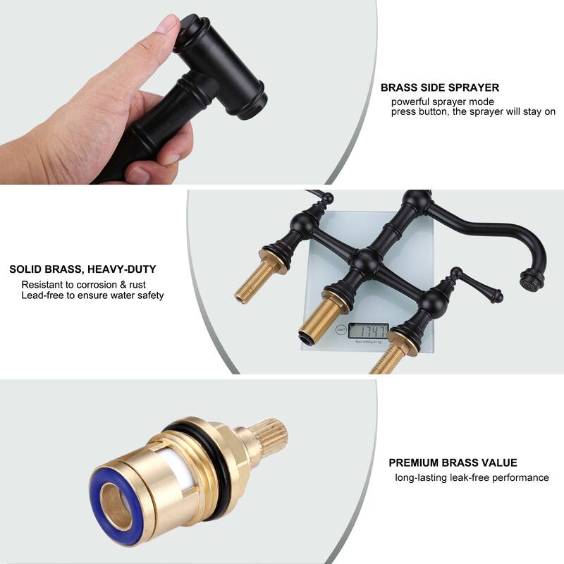 WOWOW Double Handle Bridge Kitchen Faucet with Side Sprayer