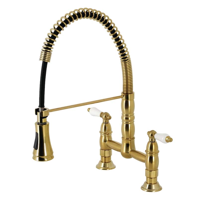 Kingston Brass Heritage Two-Handle Deck-Mount Pull-Down Sprayer Kitchen Faucet - Brushed Brass
