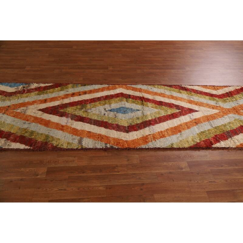 Hand Knotted Oriental 100% Wool Carpet Modern Geometric Multi-Colored Moroccan Runner Rug - 13' 3'' X 3' 2''