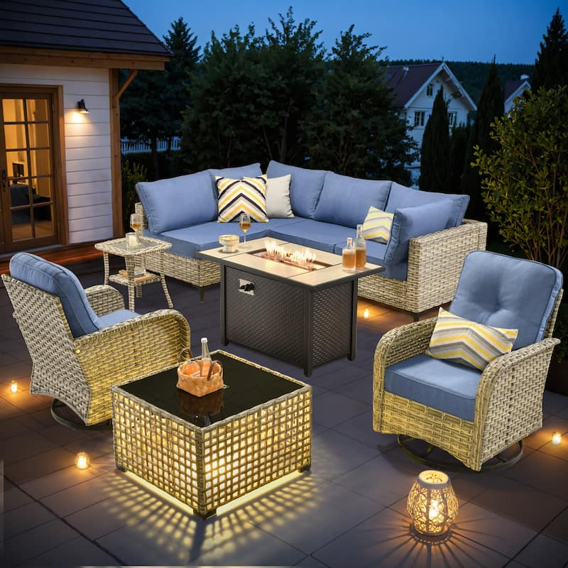 OVIOS 9 Pieces Outdoor Wicker Swivel Chair Set With Fire Table