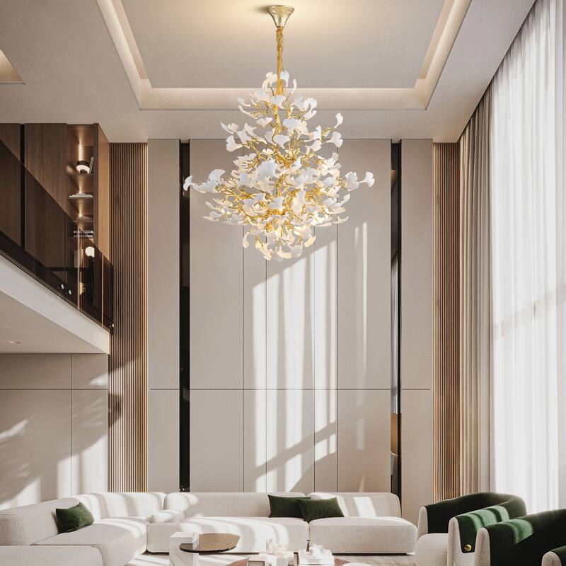 Modern Ginkgo Leaf Ceramic Chandelier, Moon Ring Round Pendant Light, D550-D1200, Gold Finish