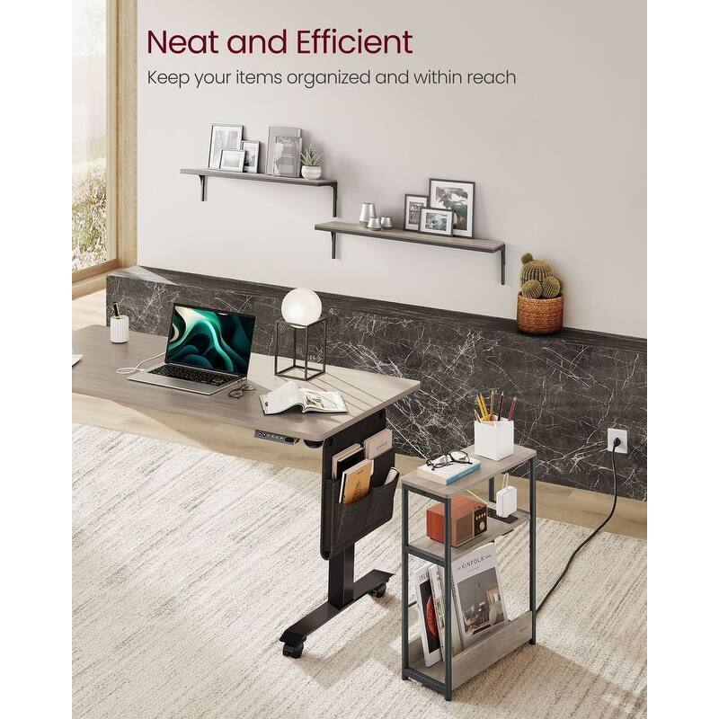 Space-Saving End Table with 3 Storage Shelves and Built-In Charging Station and Stable Steel Frame - 7.1"D x 17.7"W x 22.8"H