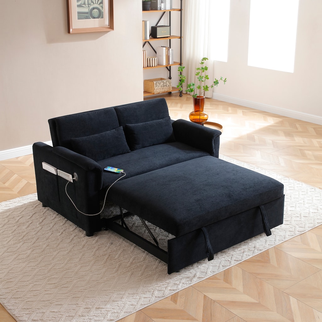 Pull-Out Sofa Bed with USB Ports & Pockets, Reclining Loveseat Sleeper Sofa Couch with Adjustable Backrest