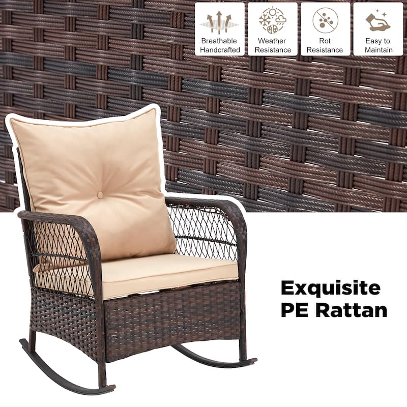 3-Piece Outdoor Rocking/Swivel Chair Set - PE Rattan Patio Furniture with Cushions & Coffee Table, Rocker Chairs for Backyard