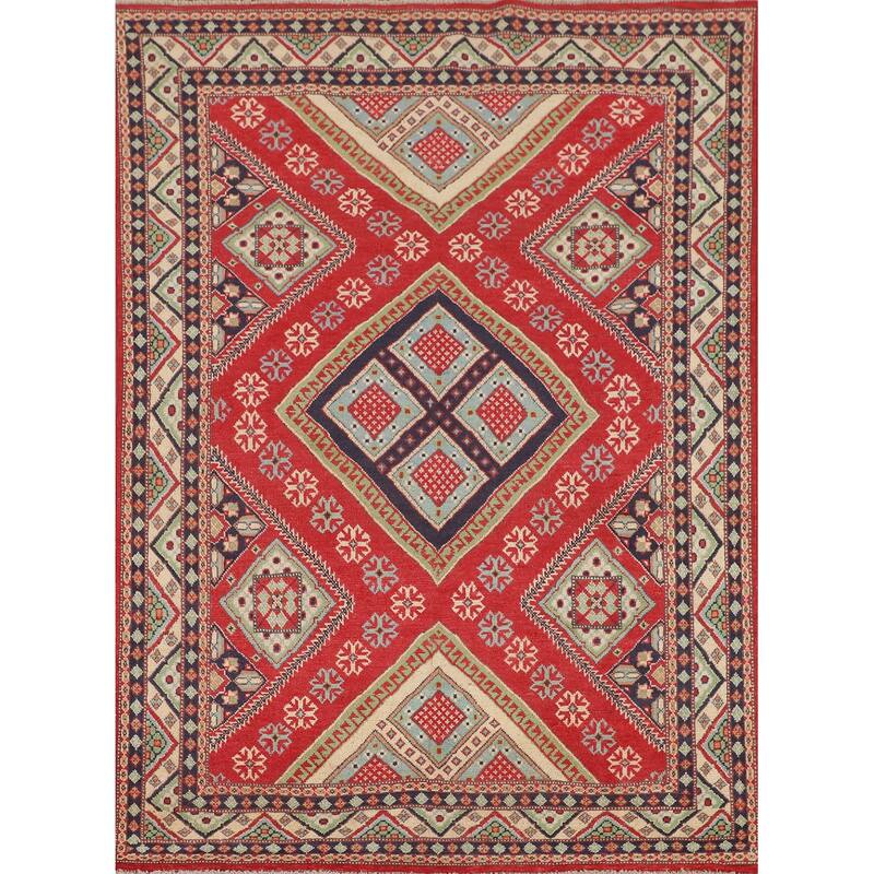 Geometric Kazak Area Rug Hand-Knotted Oriental Wool Carpet - 4'10" x 6'6"