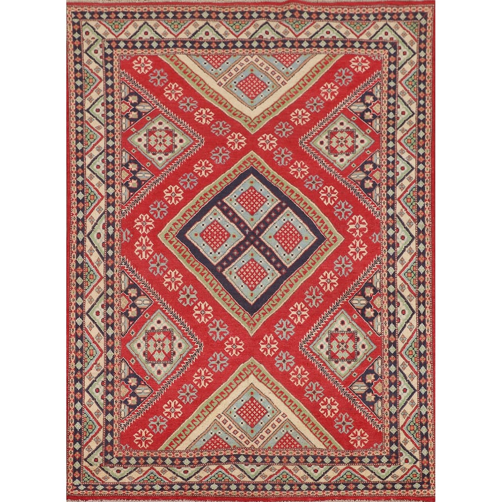 Geometric Kazak Area Rug Hand-Knotted Oriental Wool Carpet - 4'10" x 6'6"