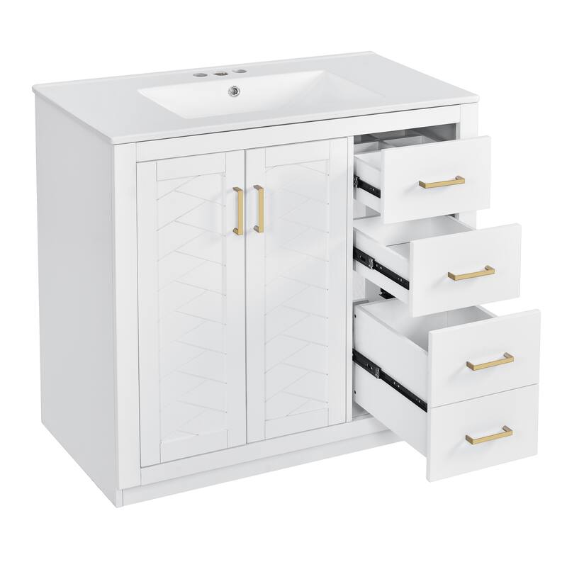36'' Bathroom Vanity with Ceramic Sink Combo, Solid Wood Frame, Freestanding Vanity Set with 3 Drawers& Soft Closing Doors