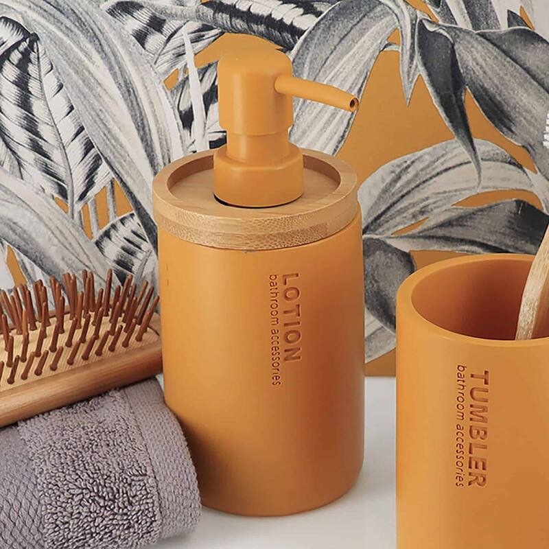 Elegant Soap Dispenser - Polyresin and Bamboo Design, Refillable Liquid Pump - 3 L x 3 W X 7 h - Mustard Yellow