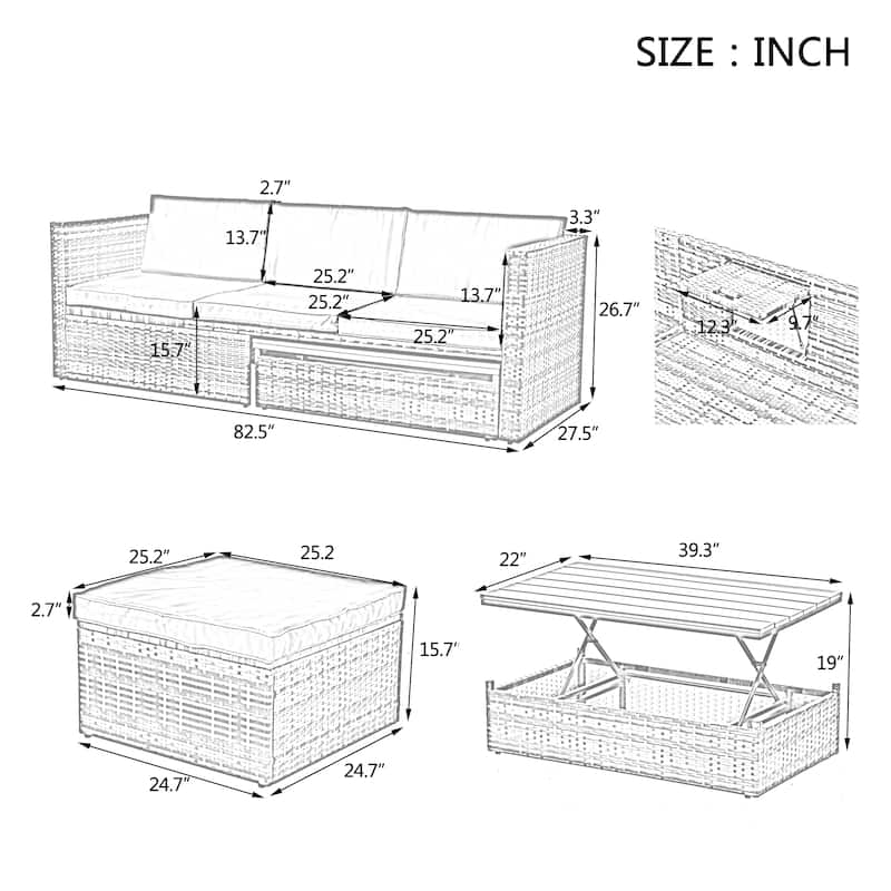5 Pieces PE Wicker Outdoor Sectional Sofa Set with Lift-Top Coffee Table