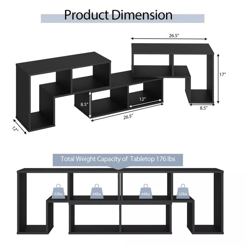 3 Pieces TV Console Stand Modern Storage Bookcase Black - 55 inches