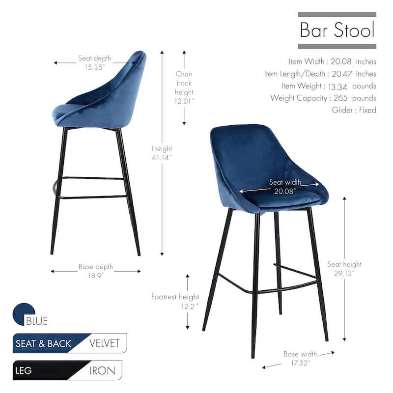 Porthos Home Ugo Bar Stools Set of 2, Velvet Upholstery, Iron Legs