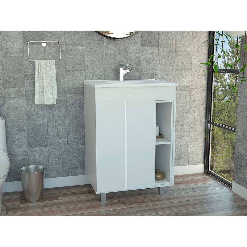 Modern White Freestanding Vanity Cabinet with 4 Shelves and 2 Doors, Perfect for Storage and Display - 17.9in L Particle Board - 17.9in L Particle Board - 17.9in L White