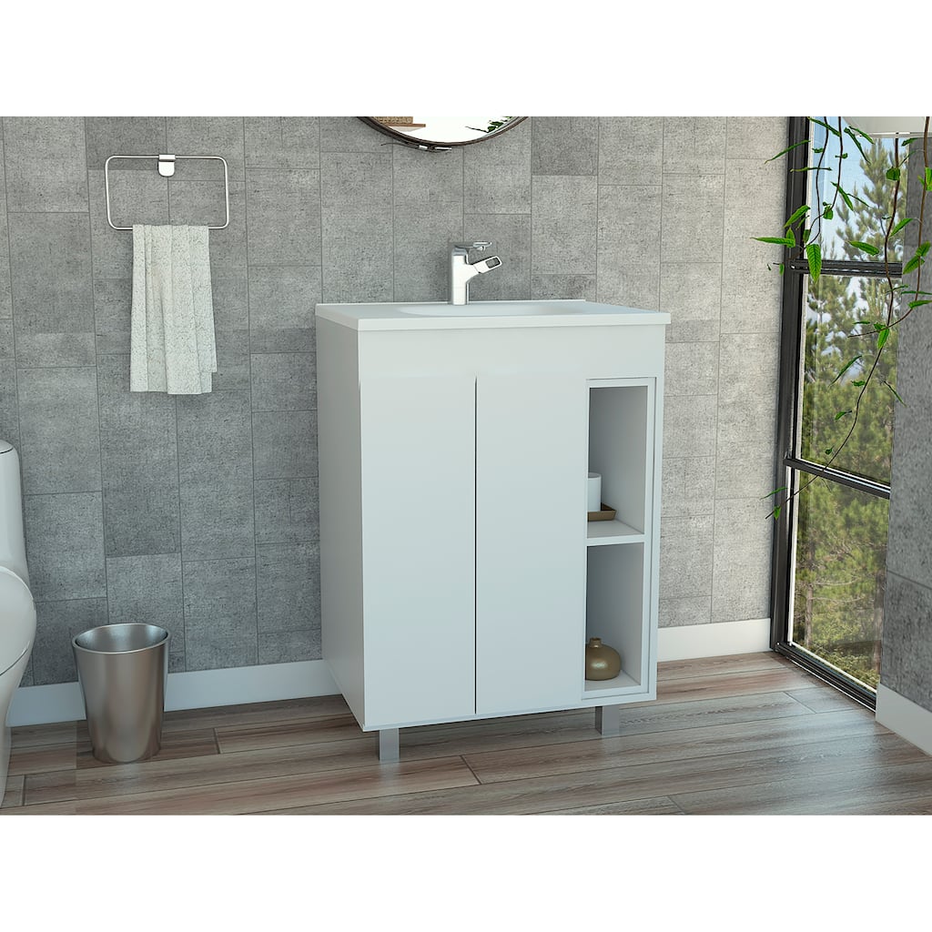 Modern White Freestanding Vanity Cabinet with 4 Shelves and 2 Doors, Perfect for Storage and Display - 17.9in L Particle Board