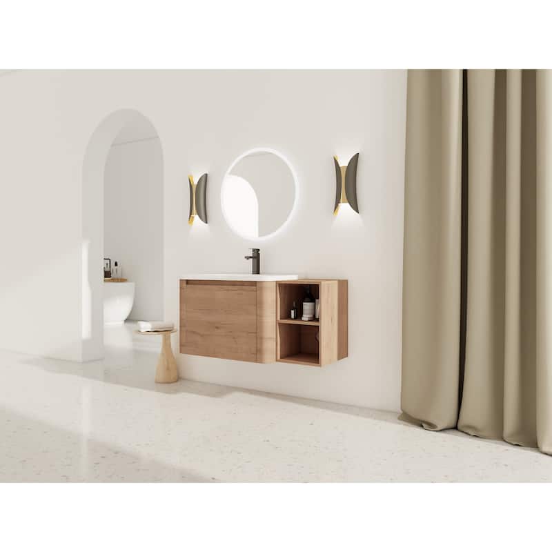 40'' Wall-Mounted Bathroom Vanity with White Ceramic Sink and Storage Shelves & 1-Soft-Close Door, KD-Packing, Plywood