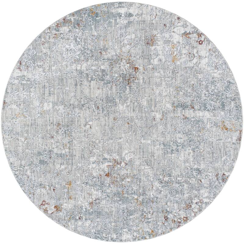 Livabliss Vintage Dresden Abstract Area Rug - 5'3" x 5'3" Round - Medium Gray/Gray/White/Light Slate/Mustard/Rust