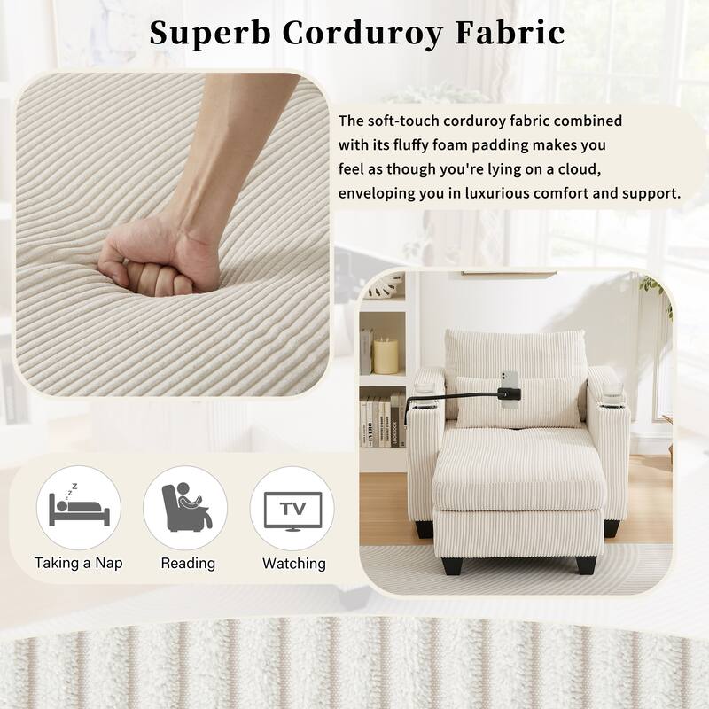Convertible Sleeper Sofa Chaise Lounge with Movable Backrest, Corduroy Reading Chair with USB Ports, Cup Holders & Phone Holder