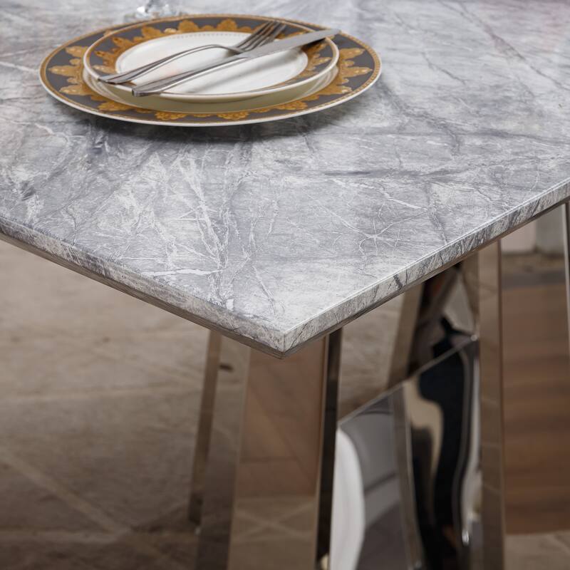 70'' Rectangle Faux Marble Dining Table with Mirrored Finish Stainless Steel Base - Silver+Grey