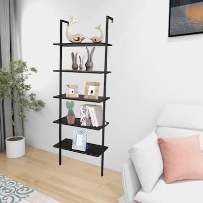 5-Shelf Wood Ladder Bookcase with Metal Frame Modern Tall Display Shelf Racks