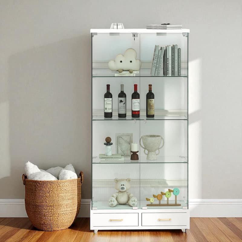 65.9" Modern Glass Display Cabinet with LED Lights, 2 Lockable Drawers & 4 Shelves, Curio Storage Case - White