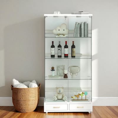 65.9" Modern Glass Display Cabinet with LED Lights, 2 Lockable Drawers & 4 Shelves, Curio Storage Case