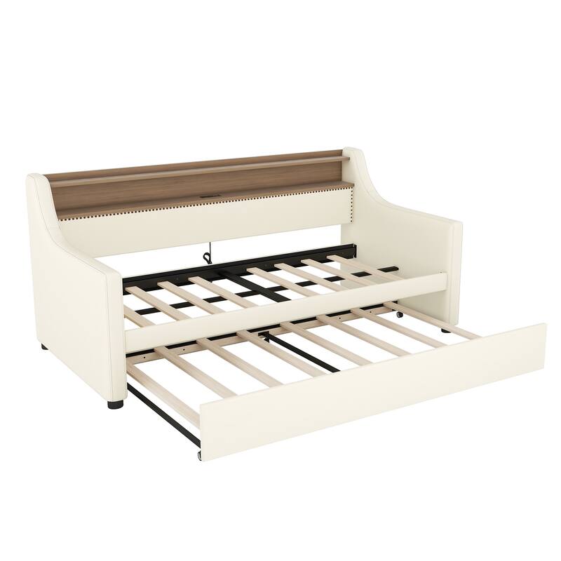 Modern Twin Daybed with Trundle, USB Charging & LED Lights, White PU Leather