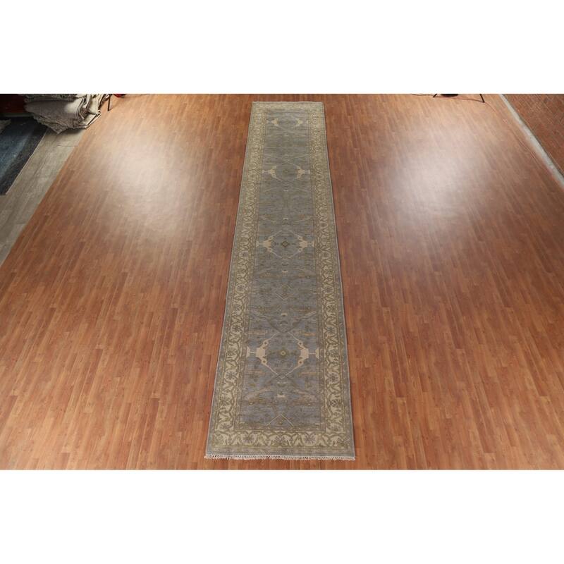Blue All-Over Oushak Oriental Runner Rug Handmade Wool Carpet - 4'1" x 19'3"