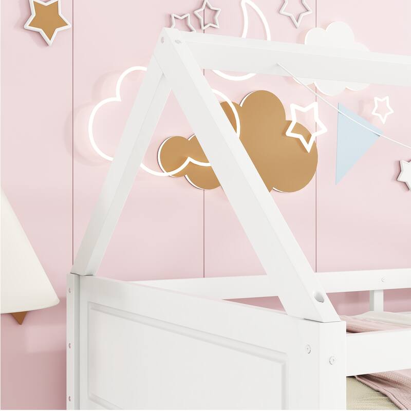Twin Over Twin Low Bunk Bed with House-shaped Bed Roof Frame, Ladder, Guardrails, Headboards and Footboards For Kids Floor Bed
