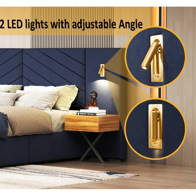 Velvet Upholstered Bed Frame, Wingback Headboard Platform Bed with LED Side Lights & Nightstands, No Box Spring Needed