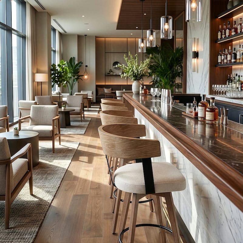 Beck Beige Linen Fabric Bar Stool with Natural Wood Backrest and Legs